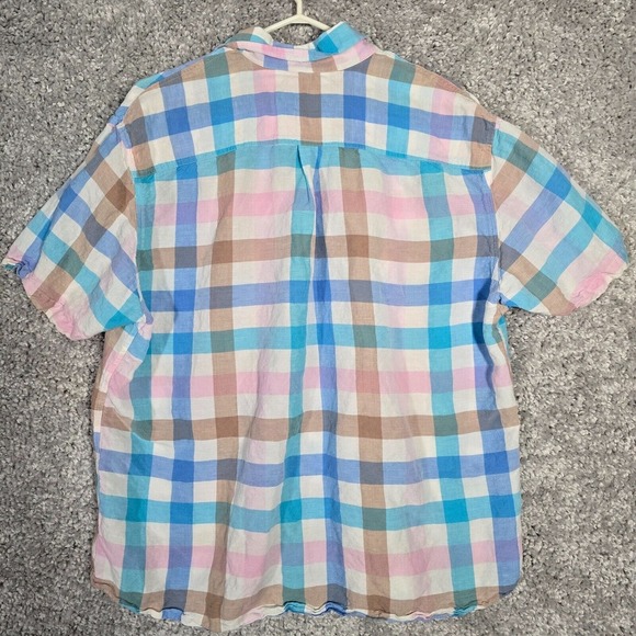 Johnnie-O Men Linen Blend Gingham Shirt Size‎ XL Short Sleeve Coastal Casual - Picture 10 of 13